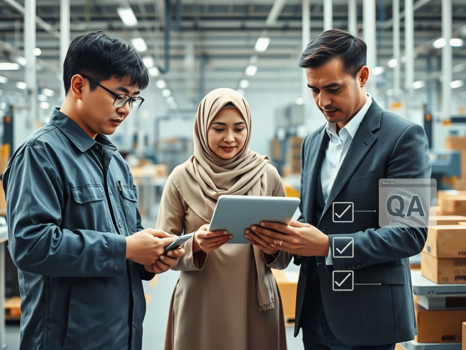 Factory visits and QA services in China — multicultural quality assurance team conducting on-site supplier audit and factory verification in a modern Chinese factory, symbolizing trust, transparency, and professional quality inspection services.
