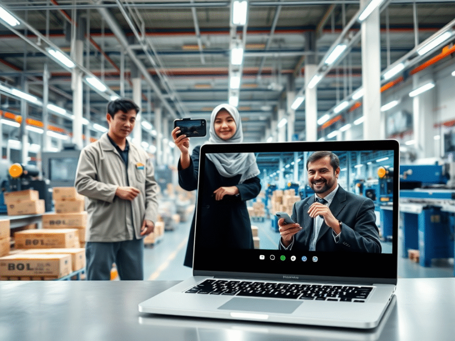 Live factory representation for overseas clients — Chinese and Pakistani QA specialists conducting a real-time factory inspection and supplier audit in China while a British client watches remotely on laptop, showcasing transparent quality inspection services and factory verification process.